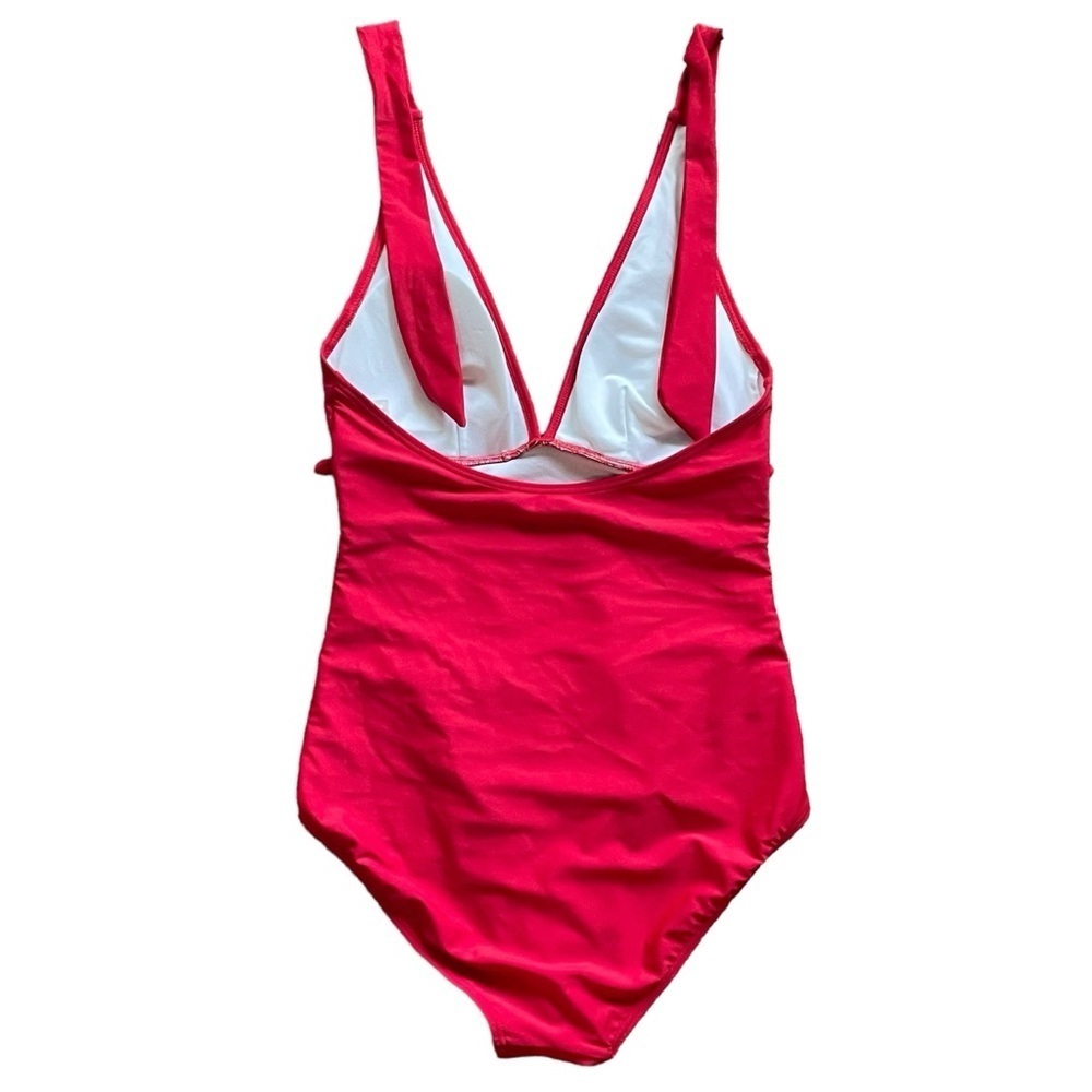 Red and White Plunging Neck Halter Mesh Pom Pom Tassel One Piece Swimsuit Size - Picture 6 of 11
